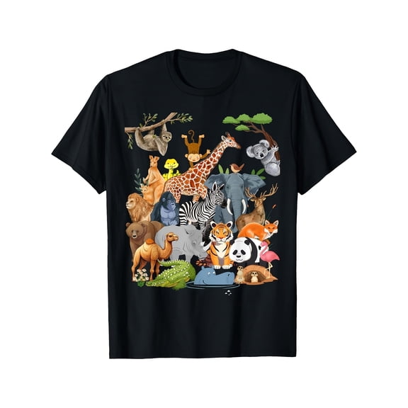 Childrens Wear Cute Safari Animals Group Graphic T Shirt For Kids Boys Girls Funny Zoo Wildlife Birthday Gift Unisex Short Sleeve Cotton Tee