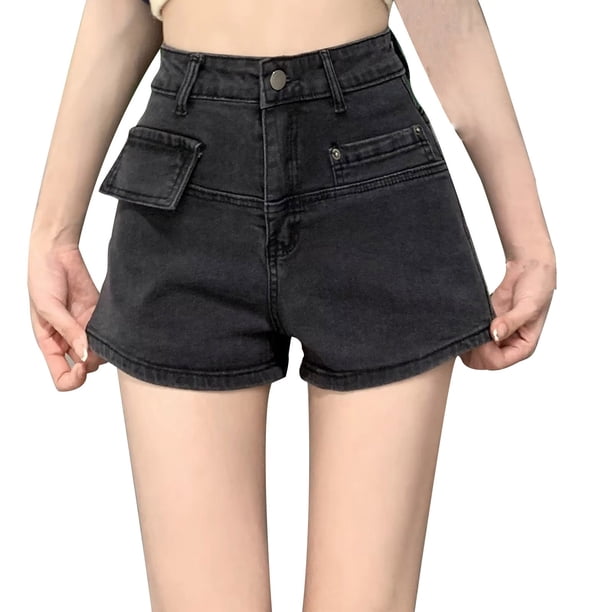 Pantalones Cortos de Vaquero Largo para las Mujeres, Color Sólido Primavera Verano, Estiramiento Recto Cadera Envolver Pierna Mostrar Pantalones Cortos
