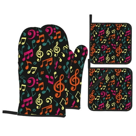 

Oven Mitts and Pot Holders Sets 4 pcs Music Notes Non-Slip Oven Gloves Potholders Soft Quilted Lining Heat Resistant Gloves Hot Pads for Kitchen Cooking Baking