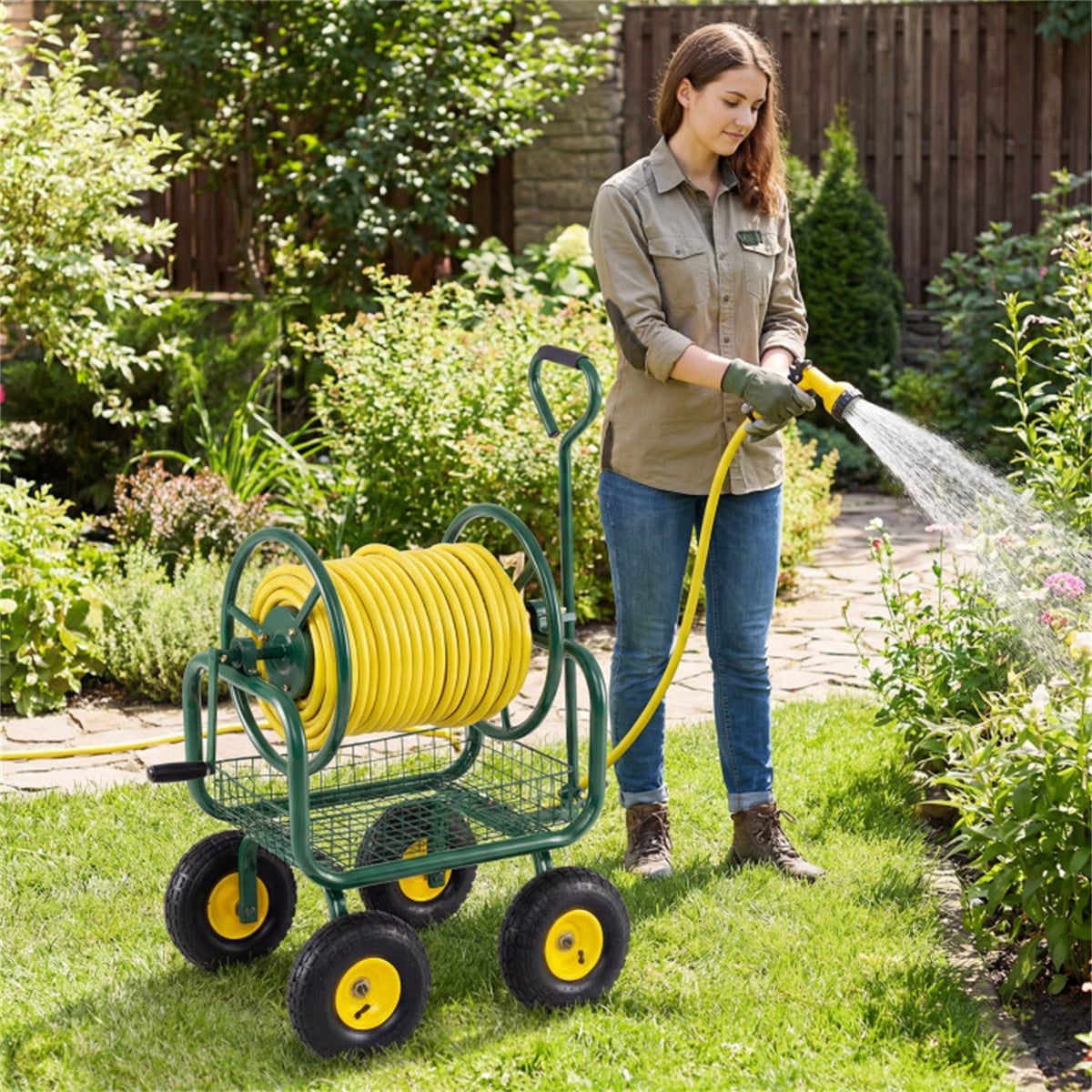 ZHICHUN  Green Heavy Duty Garden Hose Reel Cart With 10 Inch Pneumatic Wheels Large Capacity Hose Winder With Storage Basket And Brass Fittings For Outdoor Lawn Yard Watering