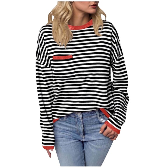 yillto Striped Sweaters for Womens Soft Knit Long Sleeve Crew Neck Pullover Fall Winter Clothes with Pockets