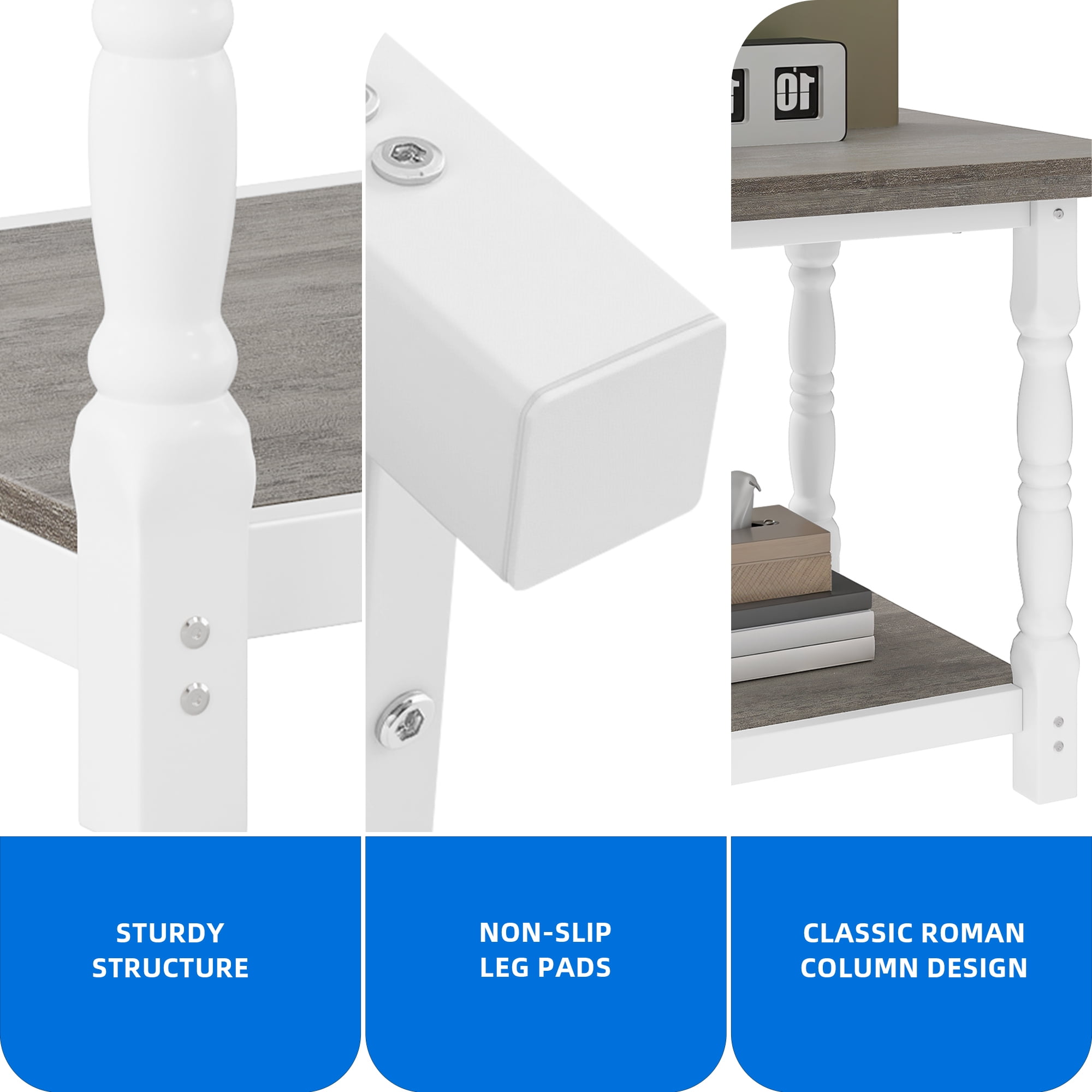 DEXTRUS Square End Table with Storage Shelves, Classic Side Table for Living Room, White & Gray