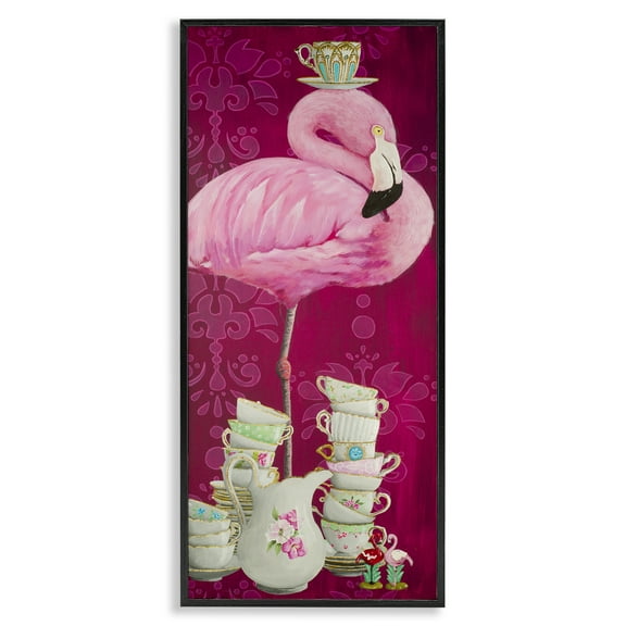 Stupell Industries Flamingo with Antique Teacups Animals Painting Black Framed Art Print Wall Art, 10 x 24