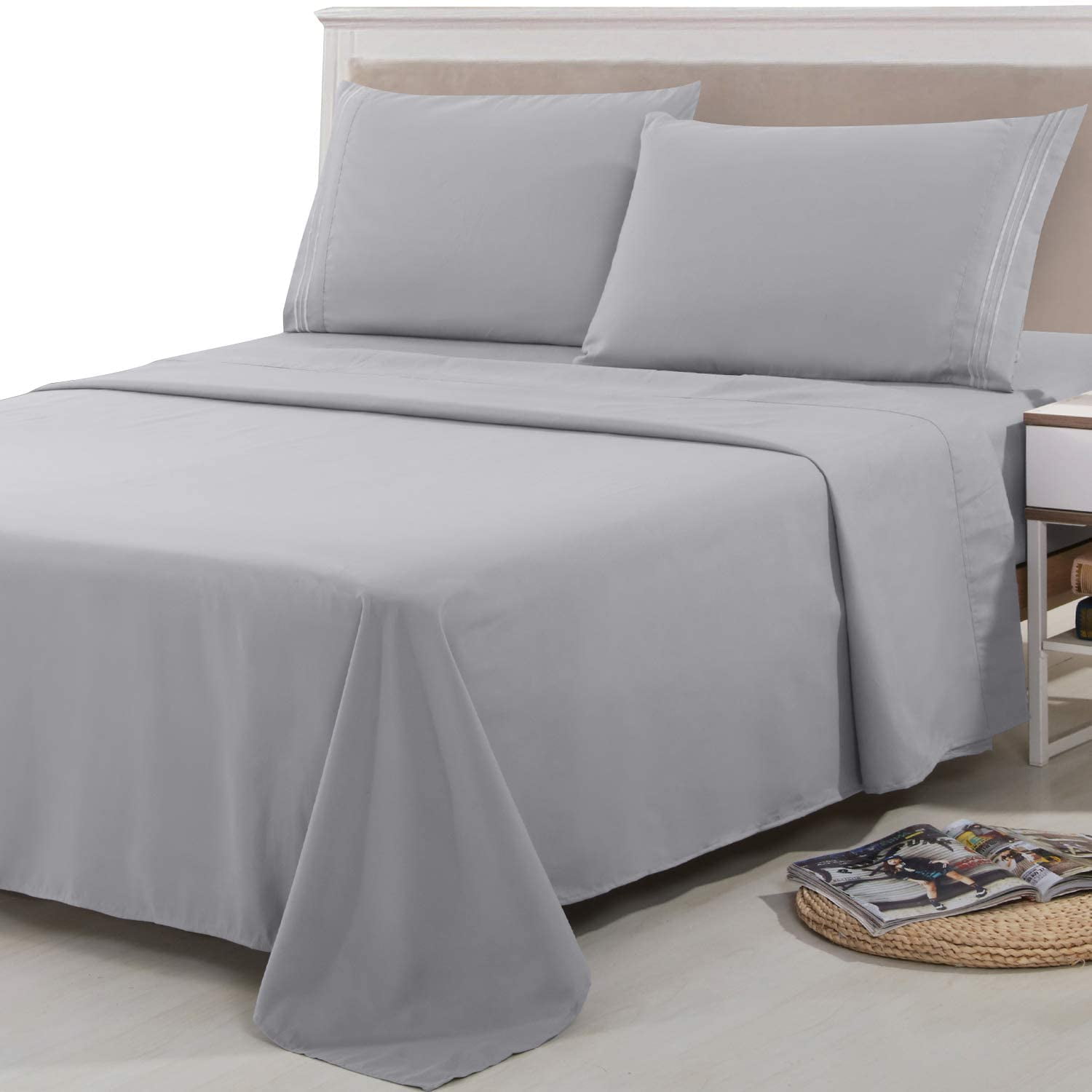 Hotel Luxury 3 PCs Set 1 Flat Top Sheet & 2 Pillow Case Cotton White Stripe