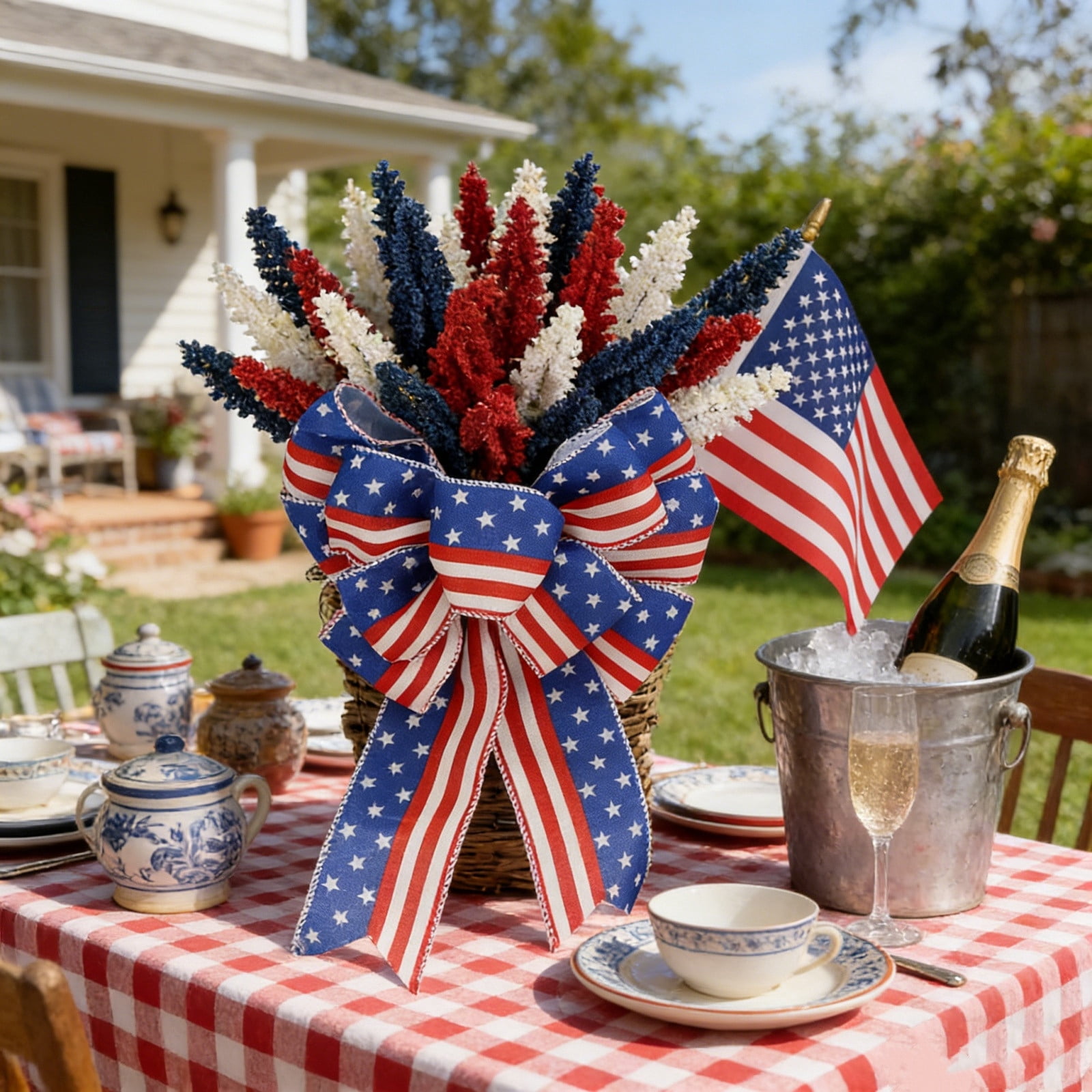 4th of July Wreath with Bow, Independence Day Red White Blue Patriotic Wreath, Flag Ribbon for Front Door Summer Holiday Decor