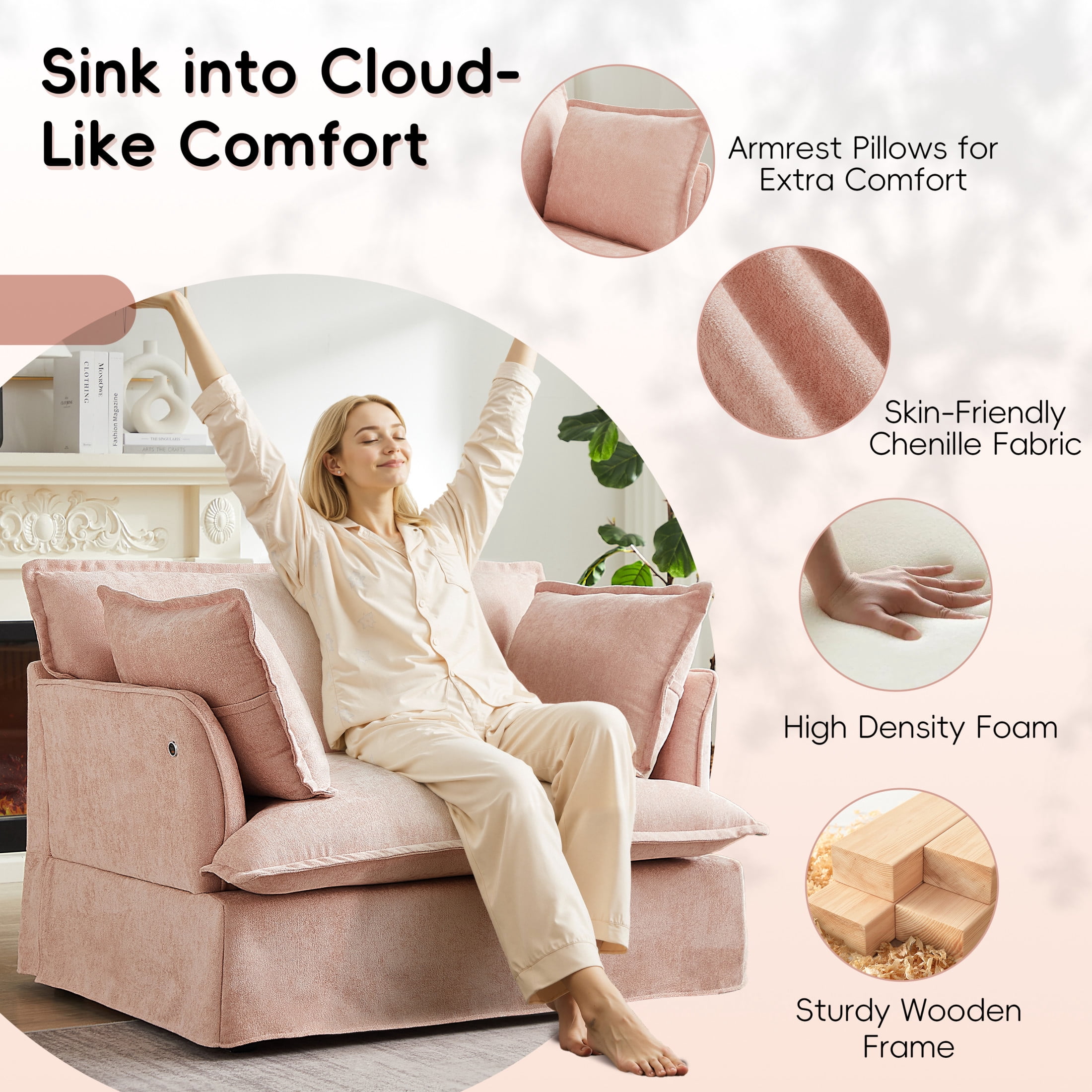 Noble House Genrix 47" Oversized Chenille Accent Chair with Charging Ports, Comfy Armchair for Living Room, Pink