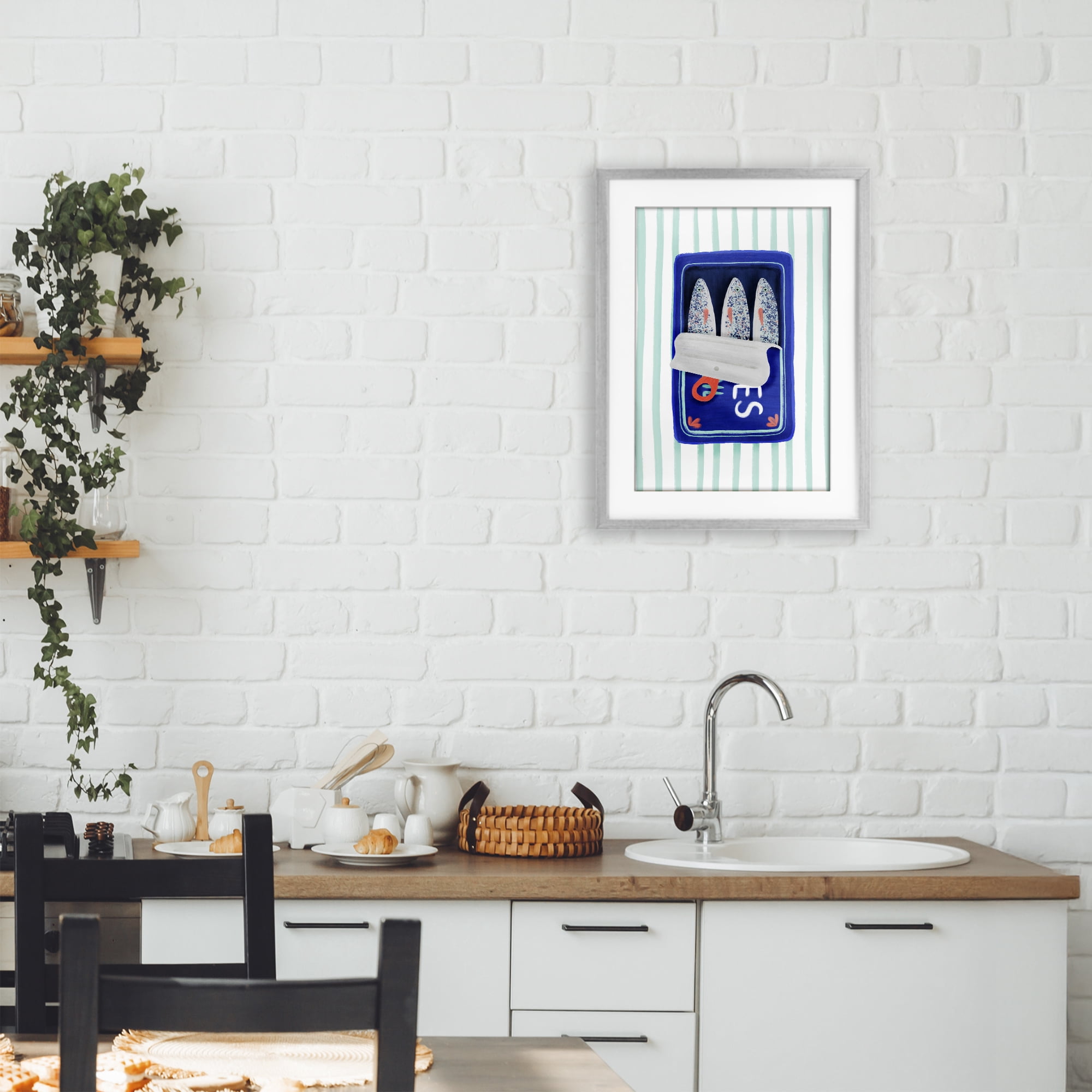 Stupell Industries Blue Sardines on Stripes Gray Framed Print Under Glass, design by Metka Hiti