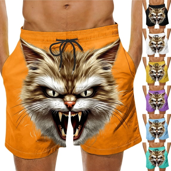 BRGZLK Mens Beach Shorts Summer Drawstring Waist Funny Cat Expression Print Summer Swim Trunks Novelty Beachwear Sports Vacation Shorts with Pockets