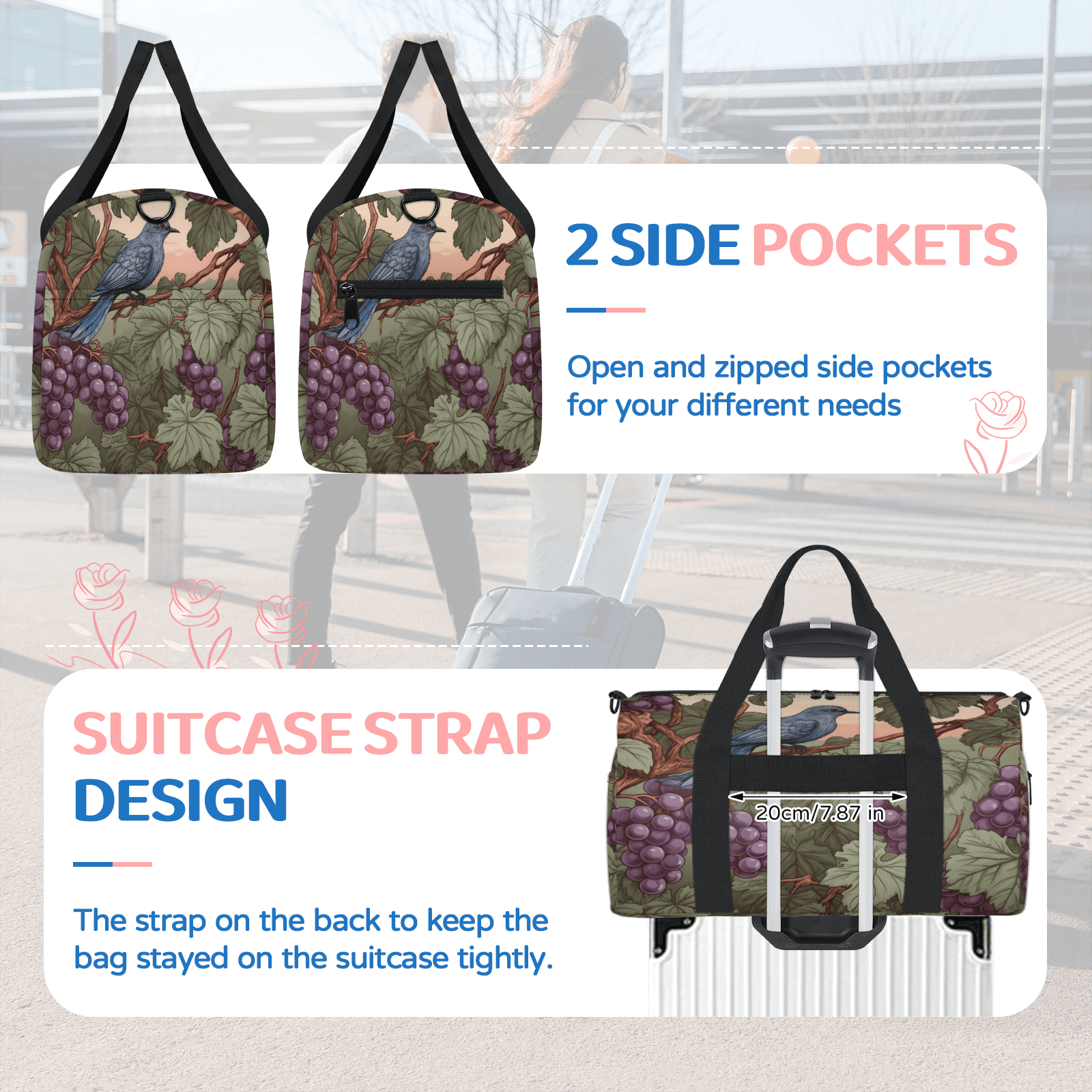 Herdesigns Vintage Bird Travel Duffle Bag Sports Yoga Weekender Overnight Carry on Workout Bags Lightweight Waterproof Gym Tote Bag for Women