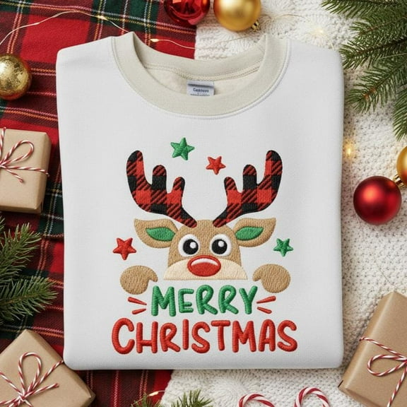EMBROIDERED Christmas Reindeer Embroidery Shirt, Merry Christmas Shirt, Reindeer Embroidery, Christmas Embroider Shirt, Merry Christmas Tee
