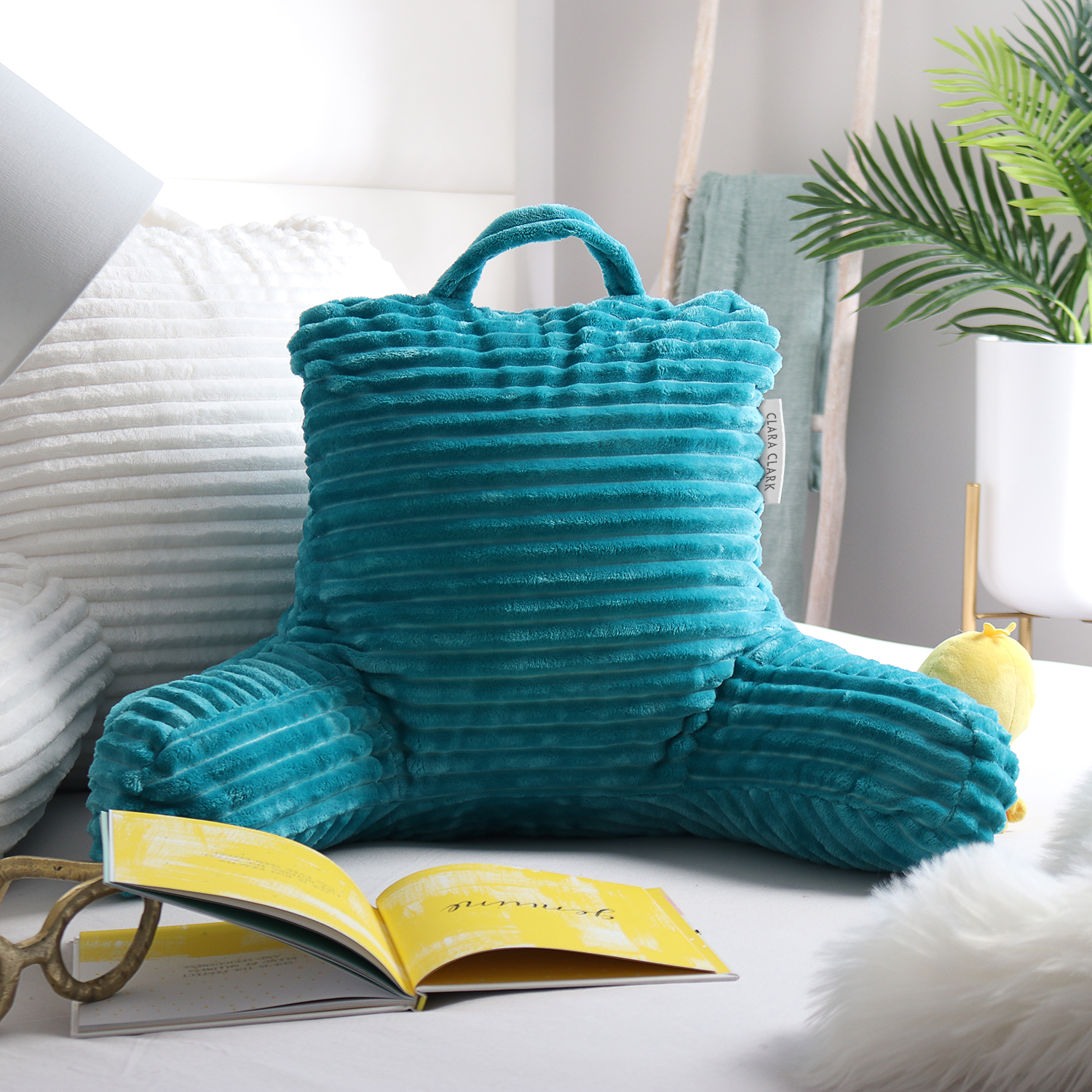 Clara Clark Cut Plush Striped Reading Pillow for Kids & Teens, Small Back Pillow, Back Support Pillow, Shredded Memory Foam Bed Rest Pillow with Arms, Teal