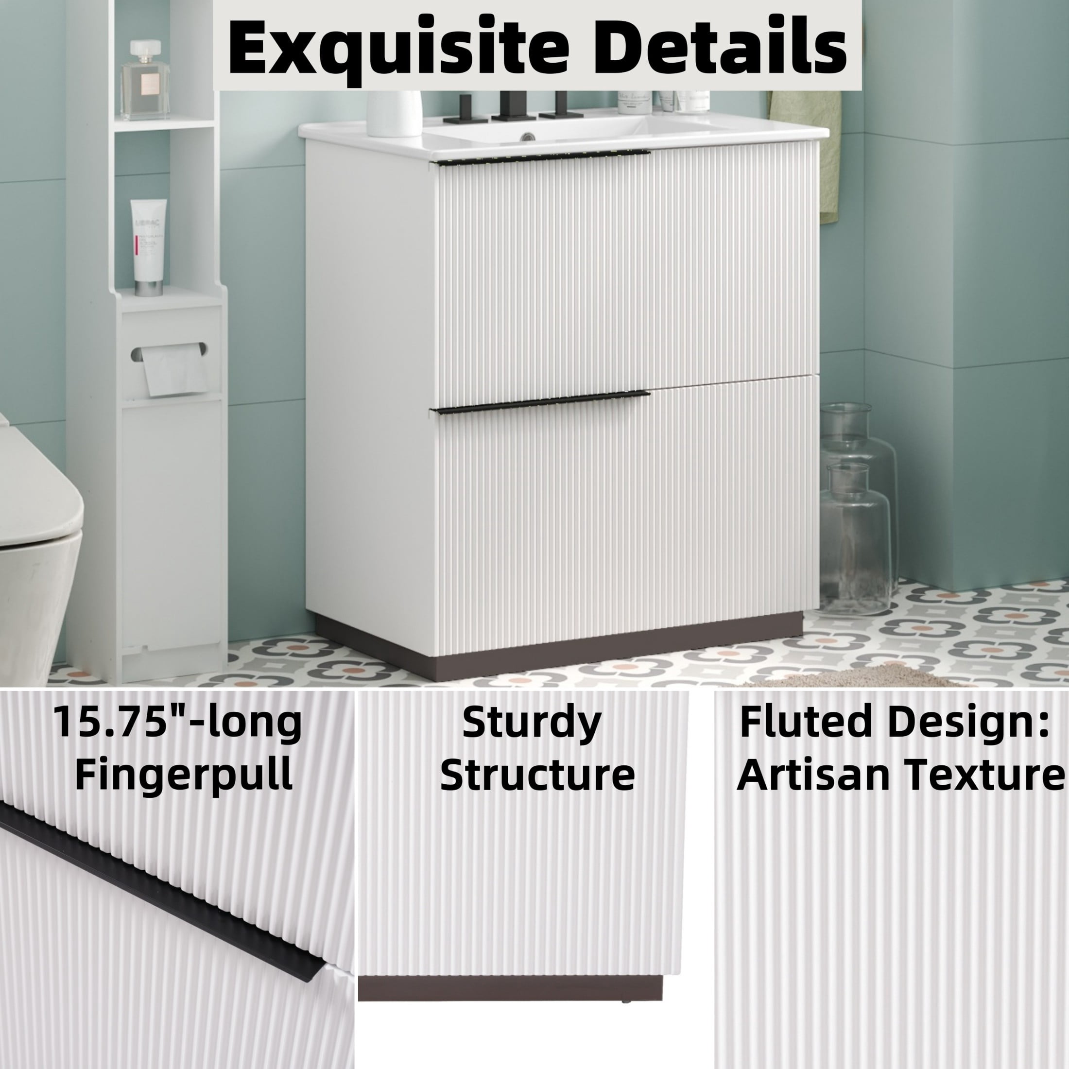 Christopher Knight Home 30" Bathroom Vanity with Ceramic Sink and Soft Close Drawers, Fluted Design, White