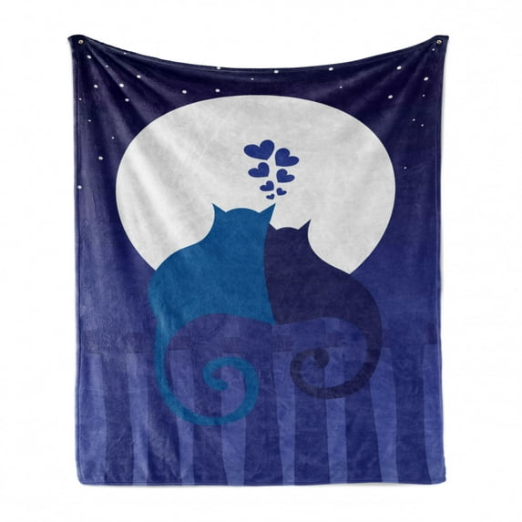 Fence Soft Flannel Fleece Throw Blanket, Cats in Love Watching Full Moon at Night Valentines Romantic Cartoon, Cozy Plush for Indoor and Outdoor Use, 60" x 80", Indigo Cobalt Blue White, by Ambesonne