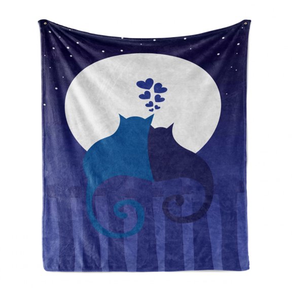Fence Soft Flannel Fleece Throw Blanket, Cats in Love Watching Full Moon at Night Valentines Romantic Cartoon, Cozy Plush for Indoor and Outdoor Use, 60" x 80", Indigo Cobalt Blue White, by Ambesonne