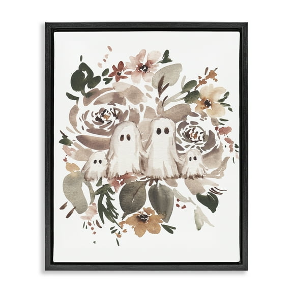 Stupell Industries Little Ghosts with Botanicals Holiday Painting Black Floater Framed Canvas Art Print Wall Art, 17 x 21