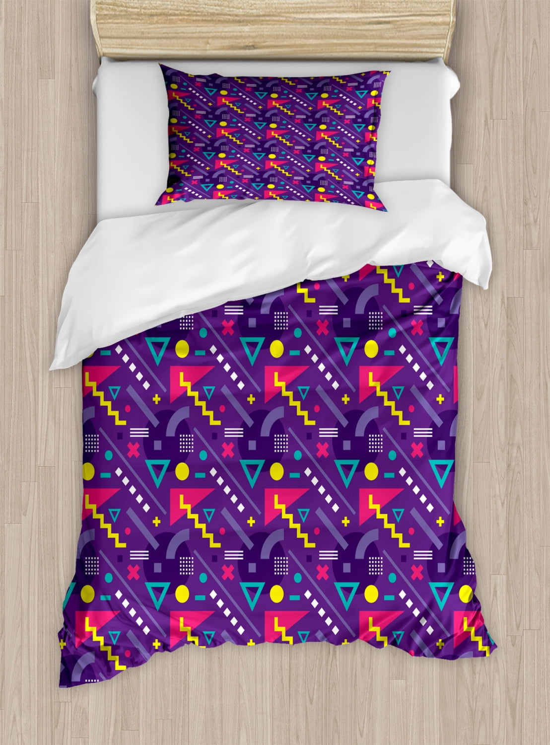 Retro Duvet Cover Set Memphis Art Design Group Vintage Geometric Pop 80 S Zigzags Forms Print Decorative Bedding Set With Pillow Shams Purple And Multicolor By Ambesonne Walmart Com Walmart Com