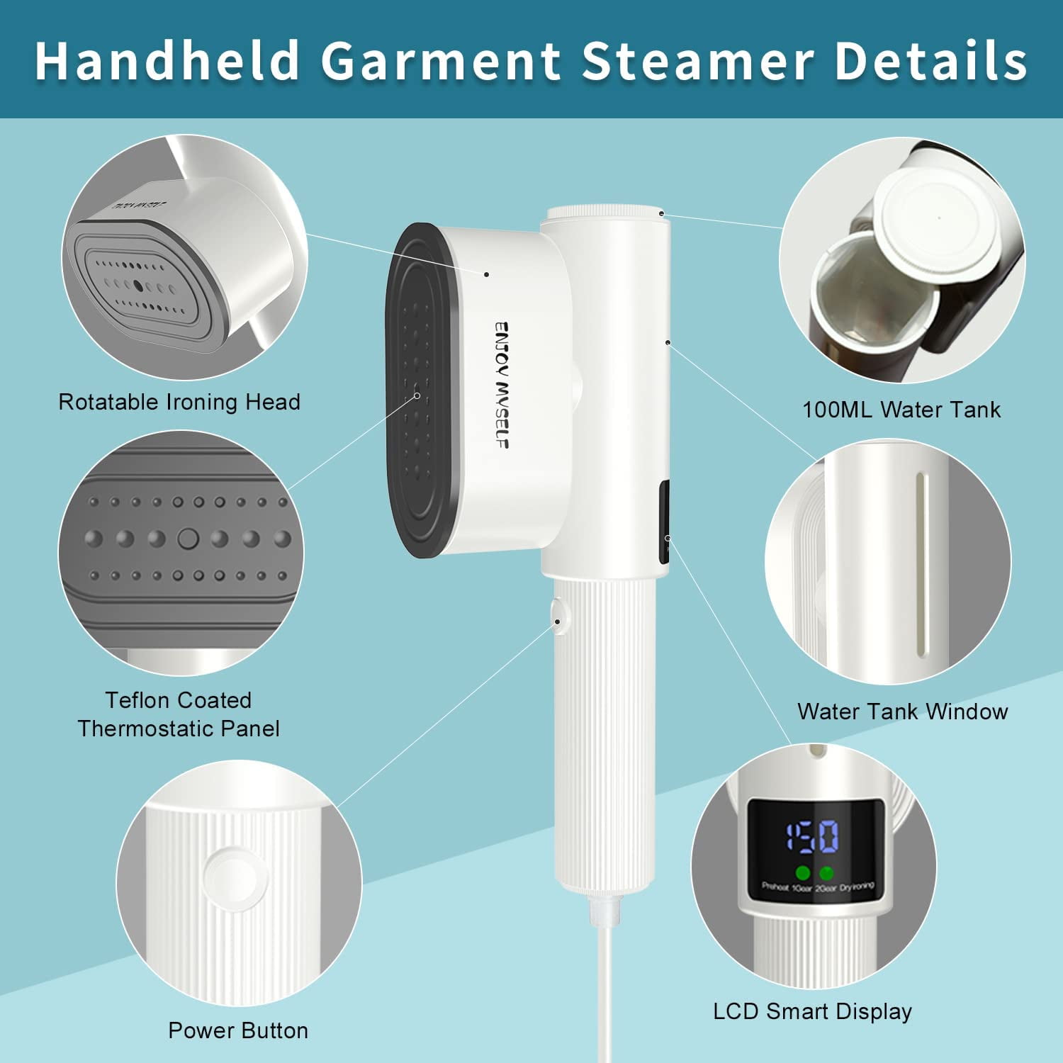 Enjoy Myself 1200W Travel Steamer for Clothes,Both Wet Steam and Dry Iron, White