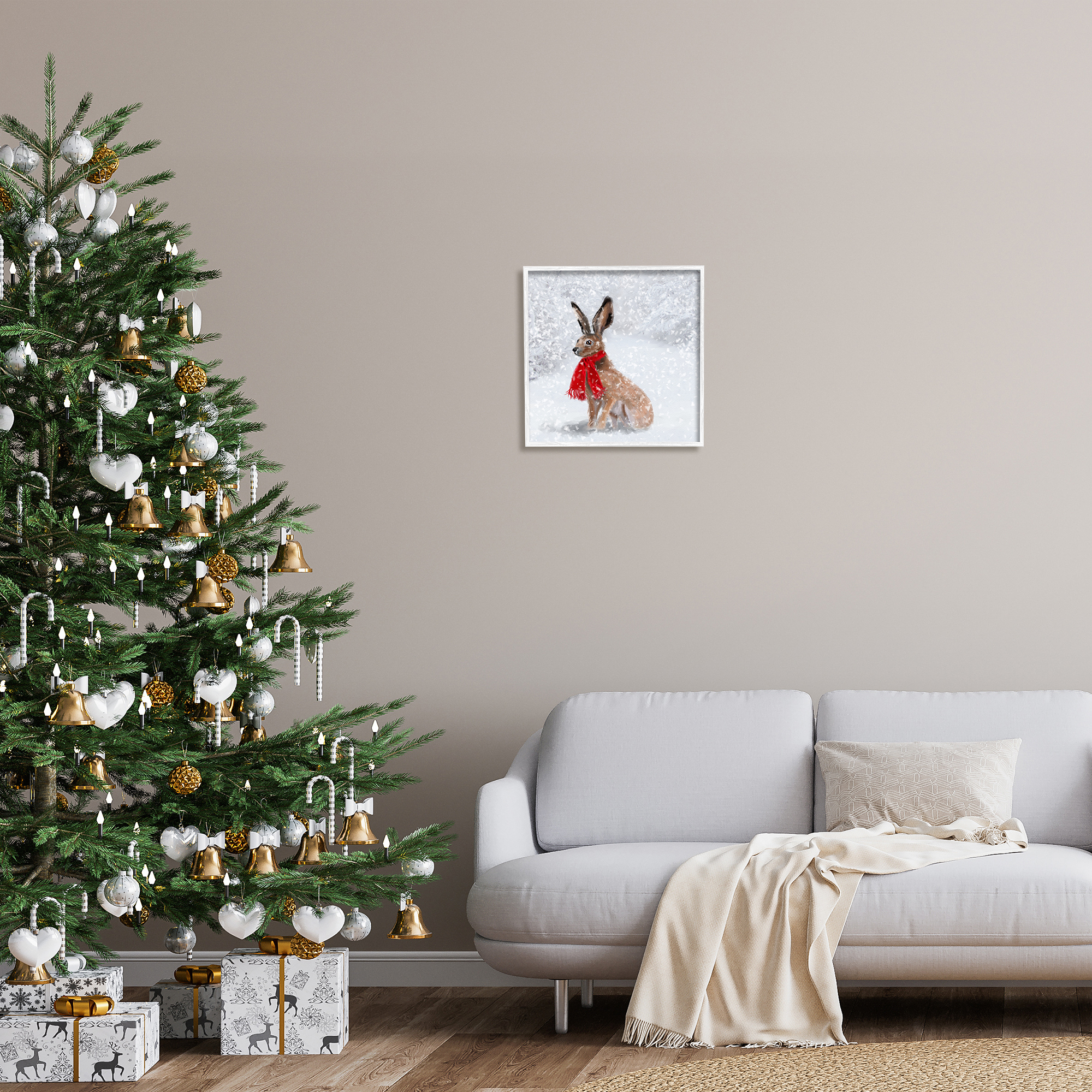 Stupell Industries Winter Rabbit Scarf Landscape Holiday Painting White Framed Art Print Wall Art