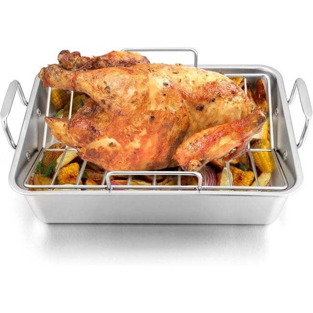 14 Inch Roasting Pan, Turkey Roaster with 2 Racks, Heavy Duty Stainless Steel Deep Broiling Lasagna Pan for Turkey, Chicken, Dishwasher Safe