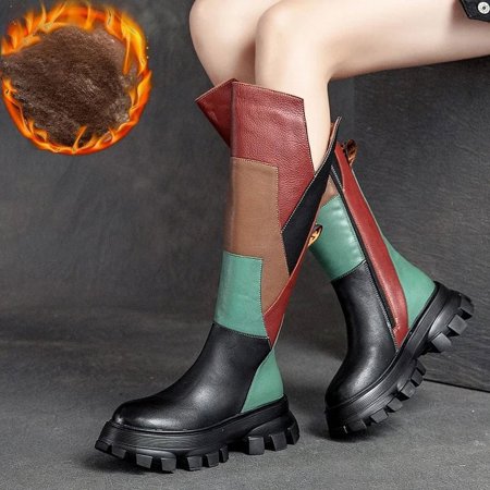 

Cow Genuine Leather Mixed Color Luxury Knee High Winter Booties Platform Wedge Plush Shoes Women Spring Autumn Boot 6cm
