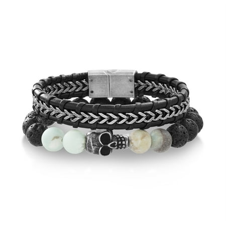 Jade Station - Willowbird Men's Black, Yellow and Blue Simulated Jade and Simulated Onyx Skull Station Beaded Stretch and Woven Leather Wire Magnetic Bracelet in Oxidized Stainless Steel