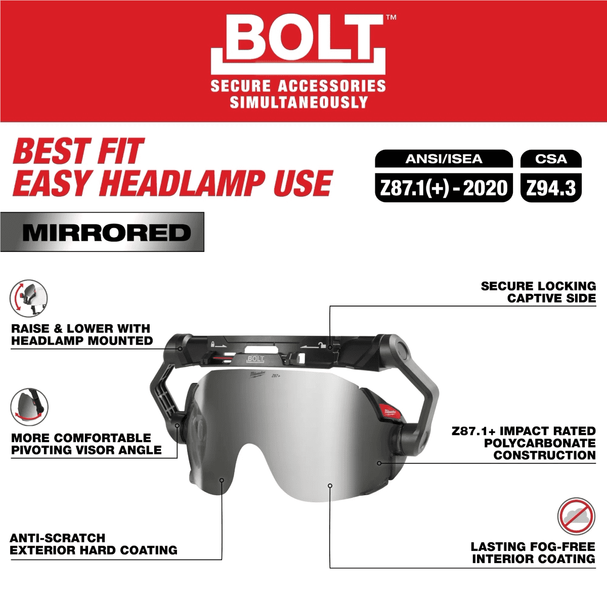 Milwaukee Tool BOLT Eye Visor - Mirrored Dual Coat Lens (Compatible with Milwaukee&reg; BOLT Safety Helmets & BOLT Hard Hats)