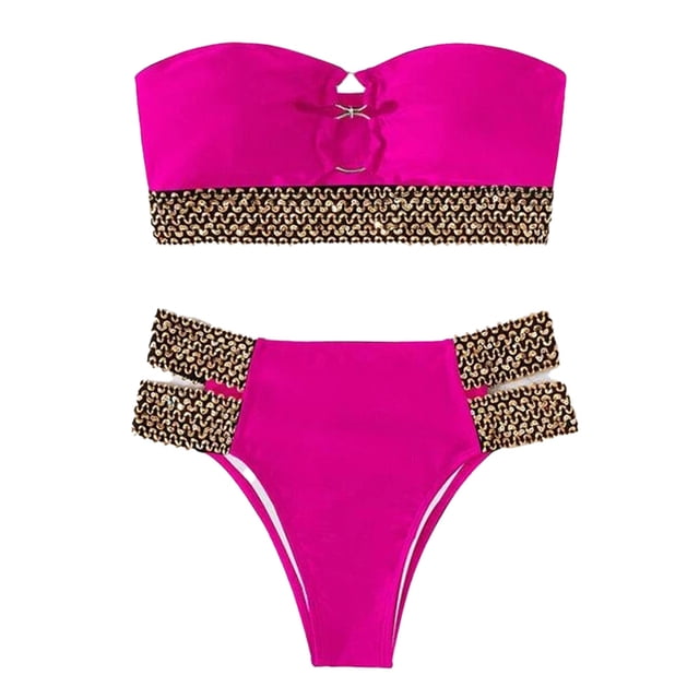 Traje de baño de bikini bandeau sin tirantes con abertura y anillo en O para mujer