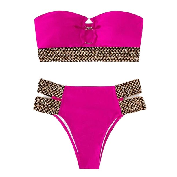 Traje de baño de bikini bandeau sin tirantes con abertura y anillo en O para mujer