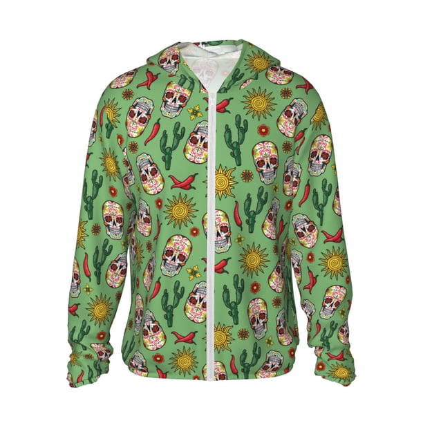 Fotbe Vintage Sugar Skull Chaqueta con Protección Solar UPF 50+ para Hombre y Mujer, Camisa con Capucha y Bolsillos-3X-Large