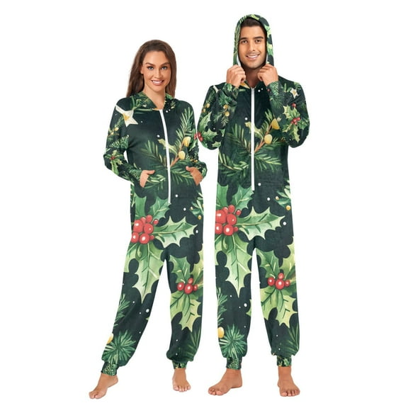 Green Christmas Adult Onesie Pajamas Slim Fit Christmas One Piece Suit Pjs for Women and Men Hooded Zipper