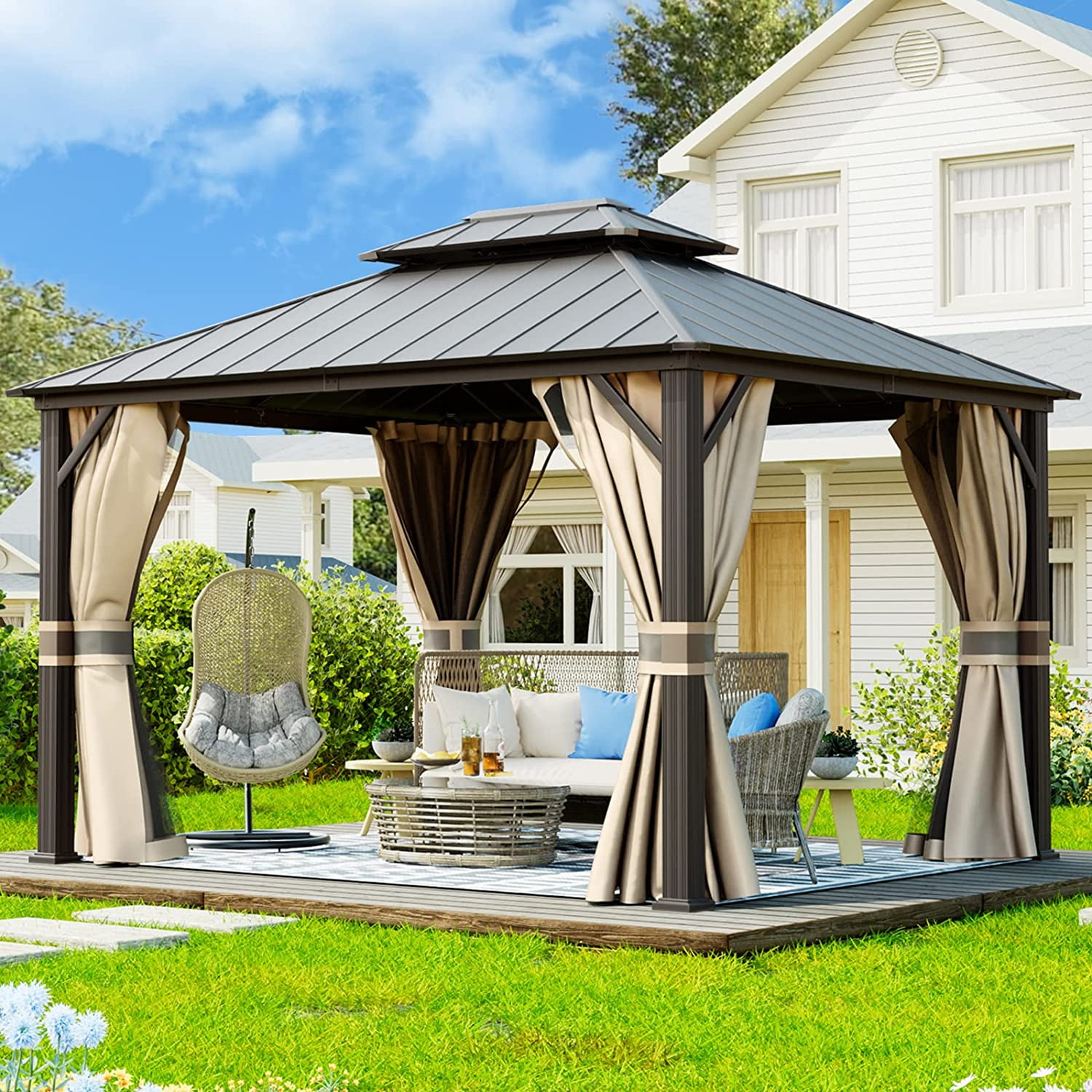Techmilly 12W x 10 Hardtop Gazebo Steel Outdoor Double Vented Roof