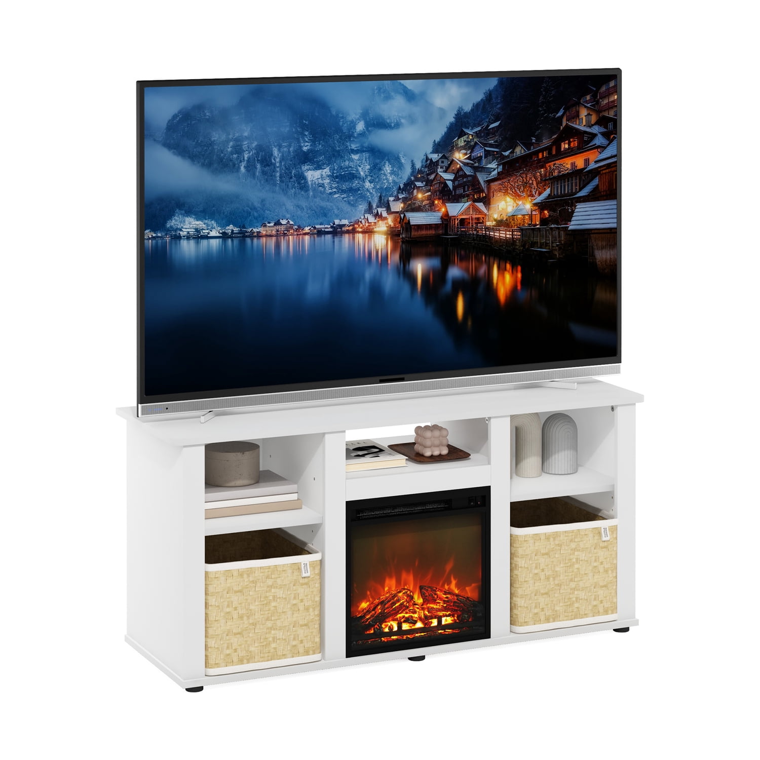 Modern Fireplace TV Stand - 55 Inch TV Entertainment Center with Storage - Solid White Media Console