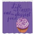 thumbnail image 3 of Eat Dessert First Shower Curtain, Vibrant Tones Cupcake with Typography Happy Patisserie Themed Print, Fabric Bathroom Set with Hooks, 69"WX70"L, Multicolor, by Ambesonne, 3 of 3