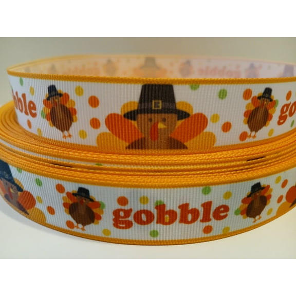 Grosgrain Ribbon Printed Gobble Pilgrim Turkey with Polka Dots Thin Border 3 Yards 7/8 Inch Wide