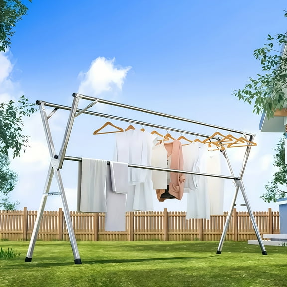 Heavy-Duty Foldable Laundry Drying Rack, Portable Shoes And Clothes Rack for Indoor And Outdoor Use, Space-Saving Design, Sturdy Metal, Silvey, Drying Racks