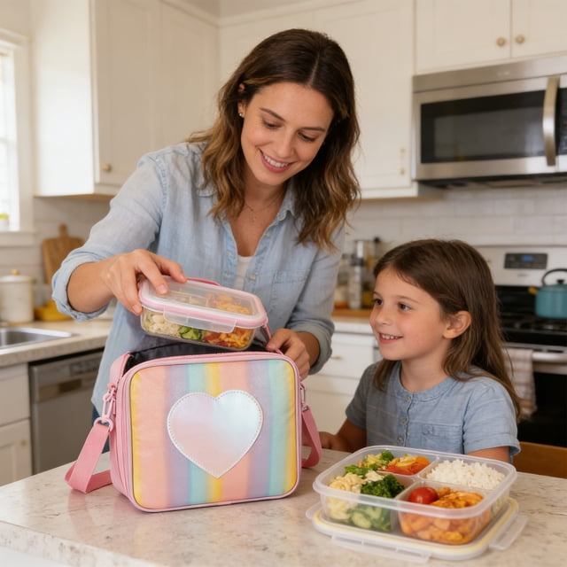 Bolsa térmica para el almuerzo infantil, tipo bandolera | Lonchera de tela Oxford con lentejuelas y purpurina | Bolsa térmica impermeable y resistente a las manchas para la escuela y picnics