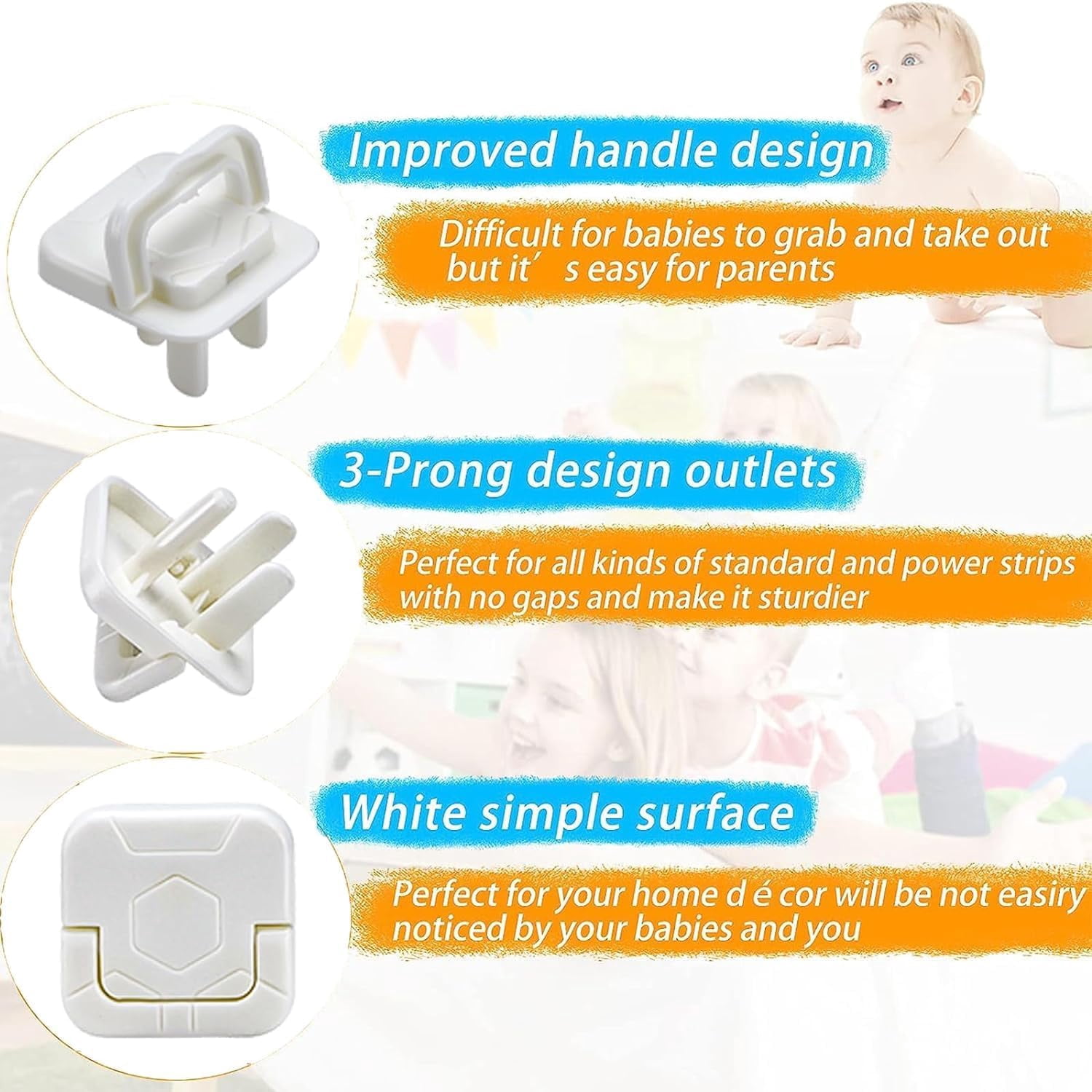 Plug Protector Units, Electrical Contact Protectors, 50pcs-2 and 3 Hole, Child Safe Plastic Covers, With Hidden Handle for Family and Office (A)