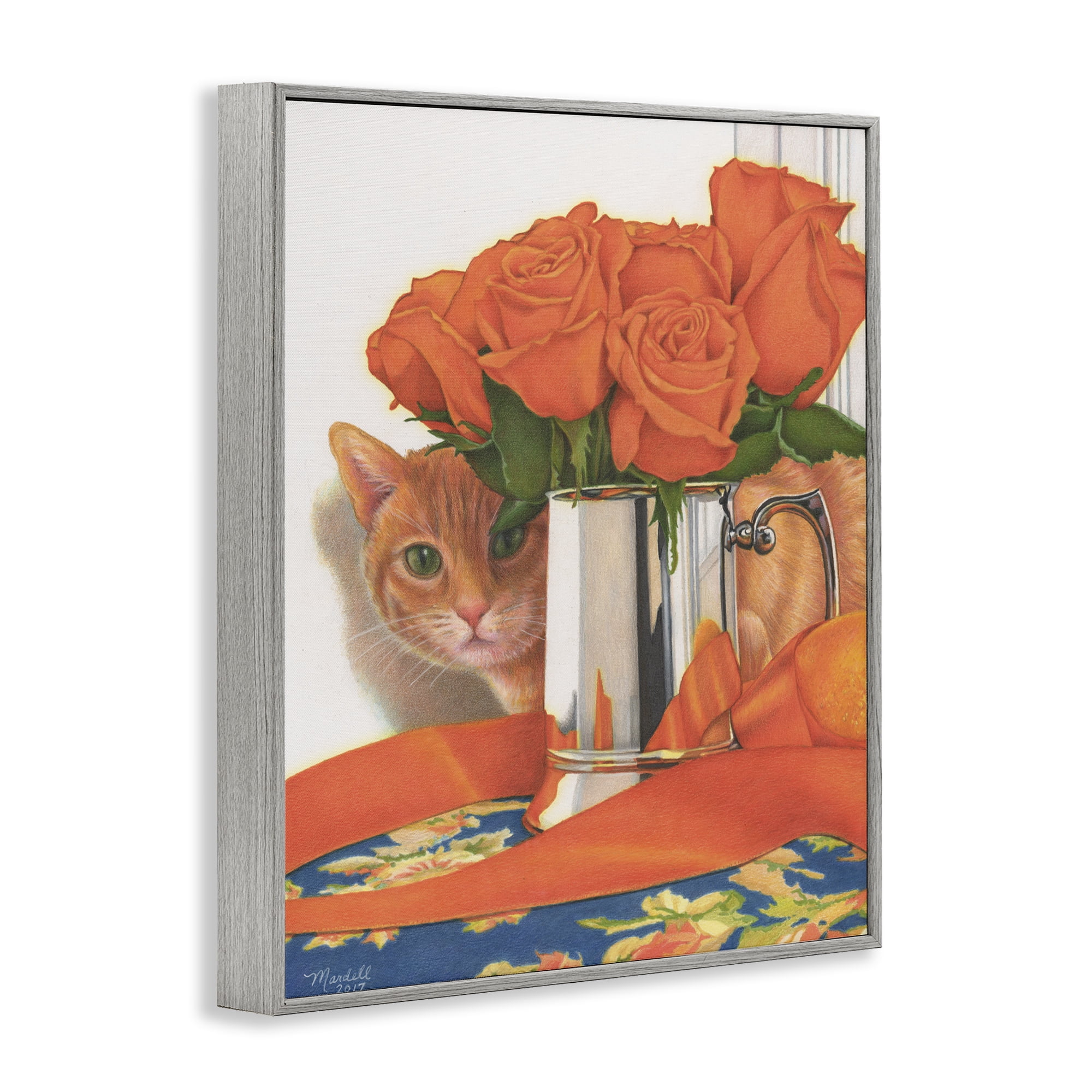 Stupell Industries Cat Peeking Rose Bouquet Animals & Insects Painting Gray Framed Art Print Wall Art, 11 x 14