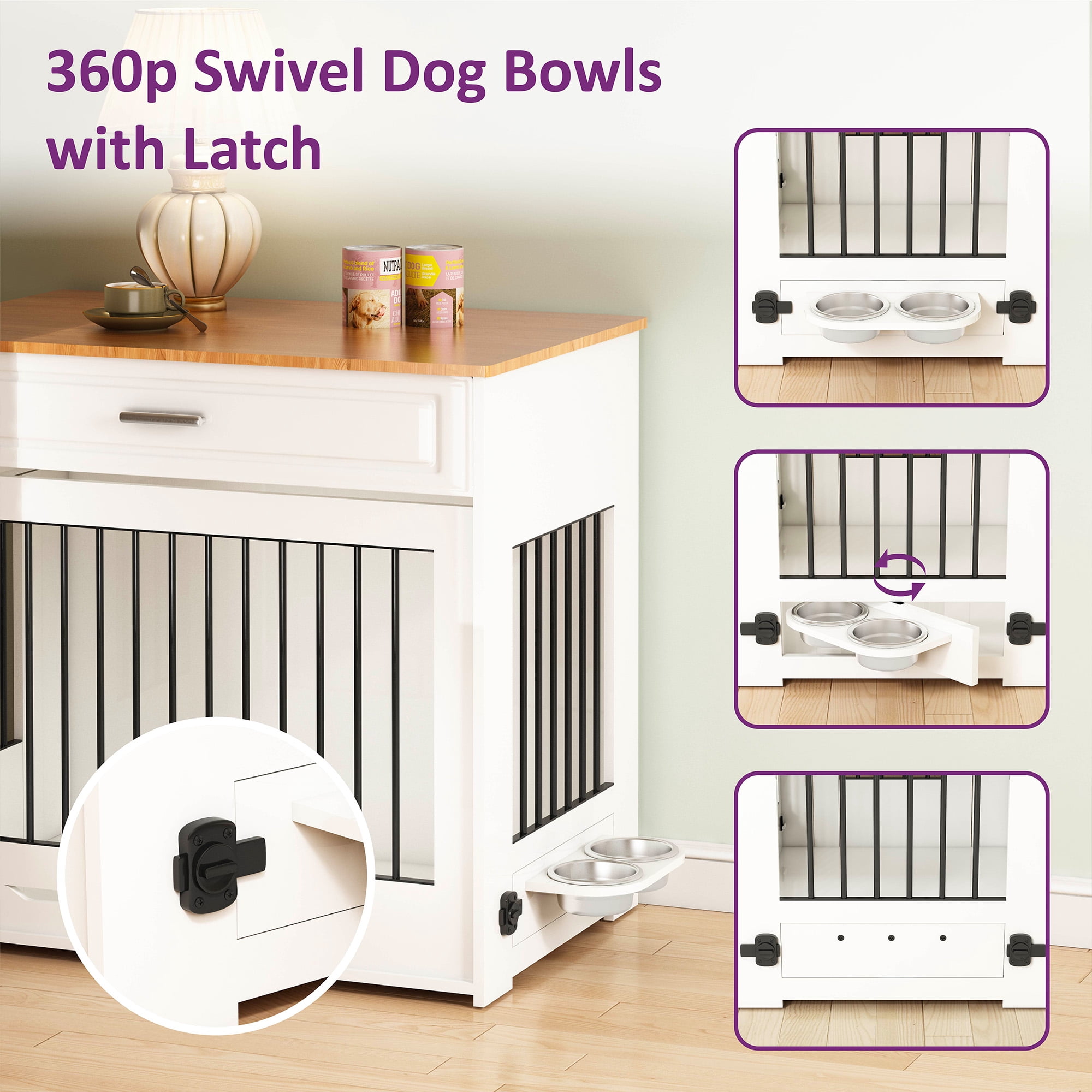 Whifea 37.4'' Large Dog Crate Furniture with Flip-up Door, 360° Rotating Feeder, Furniture Style for Large Dogs, White