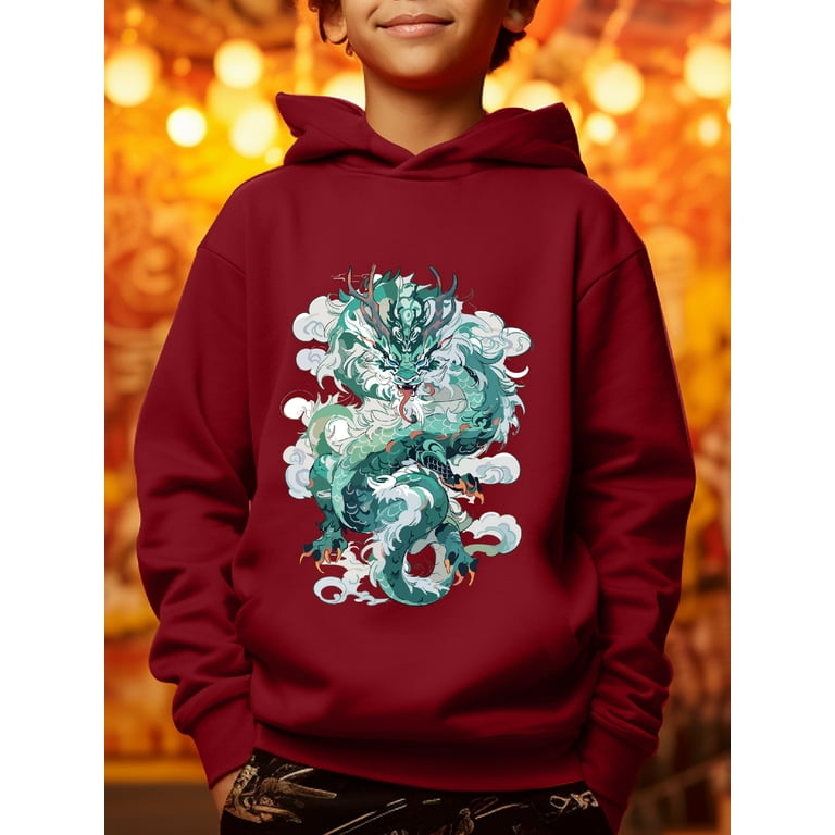 Stylish Cool Dragon Print Hoodies For 5T 14Y Kid Boys New Year Casual Graphic Design With Stretch Fabric For Comfortable Spring Autumn Wear