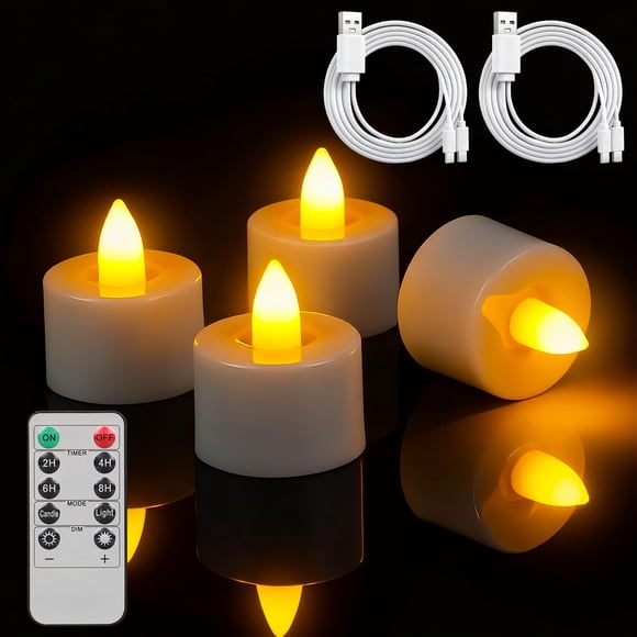 Ropelux 4 Rechargeable Tea Lights with Charging Base,Realistic Flickering Dimmable LED Candles with Remote Control Timer in Warm Y
