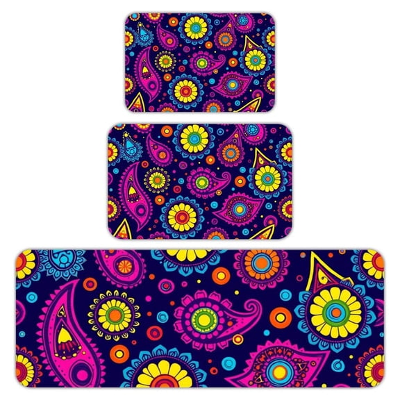 RKSupls Kitchen Rug Set 3 Piece Anti-Slip Flannel Floor Mats, Paisley Colorful Pattern Washable Absorbent Runner Mats for Kitchen Bathroom Home Decor