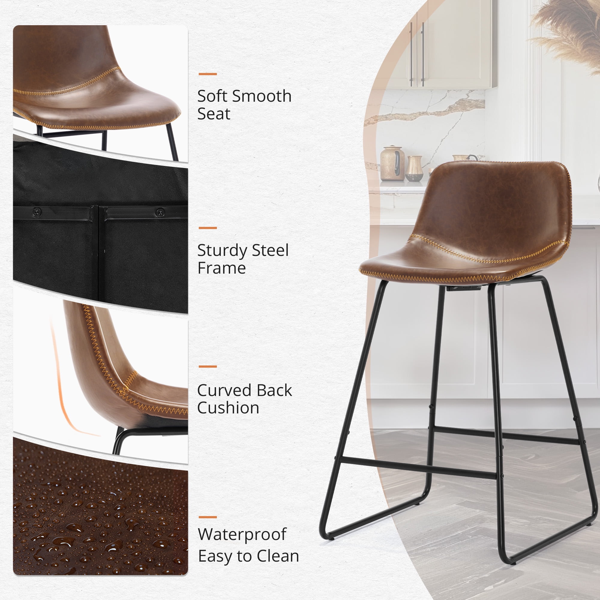 Dycanpo 24" Bar Stools Set of 4 with Back, Faux Leather, Metal Legs for Home Kitchen Island, Brown