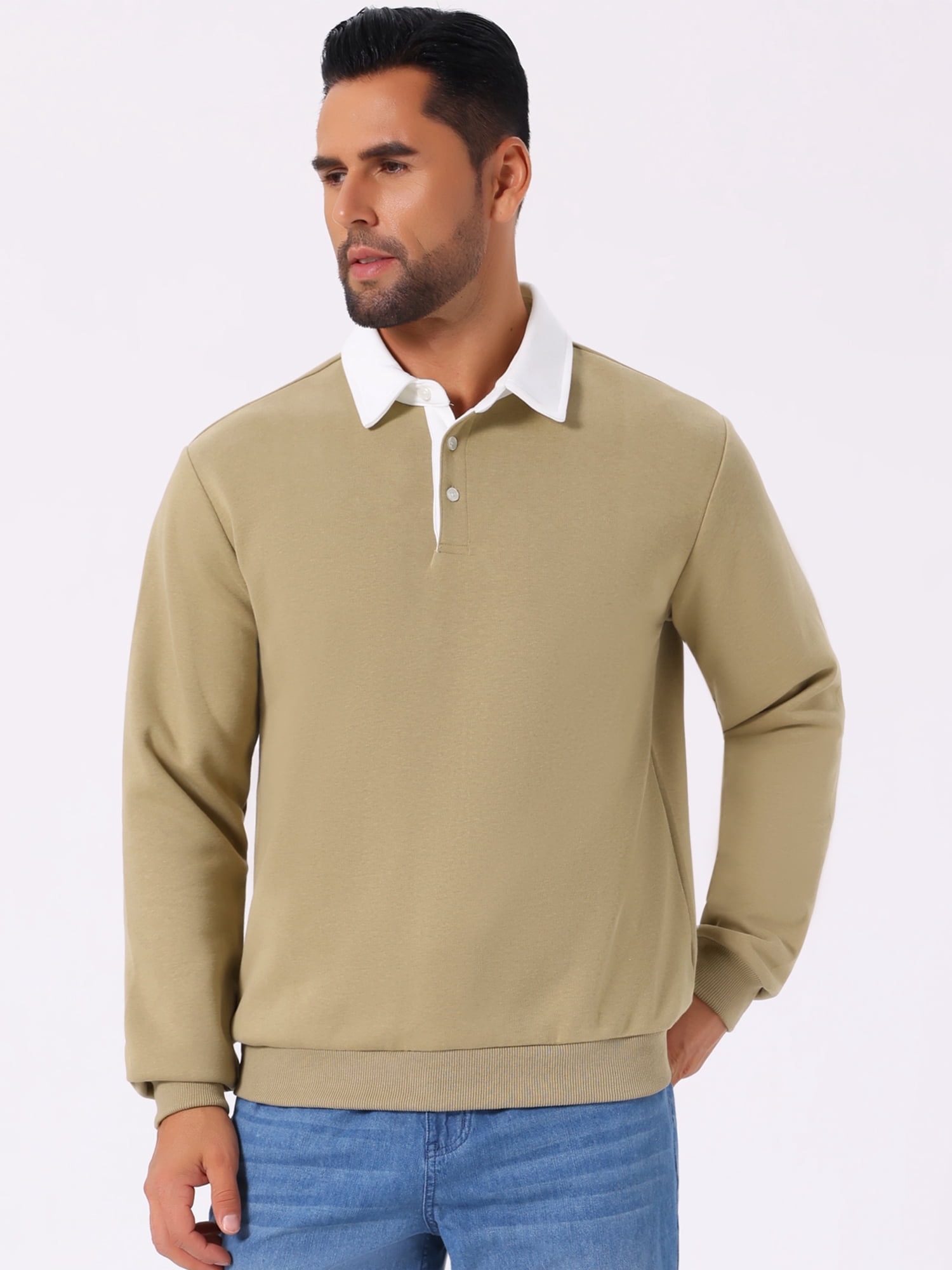 DARING DIVA Men's Contrast Collared Long Sleeves Pullover Polo Sweatshirt XL Khaki