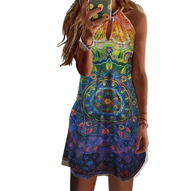 Maoww Robe Courte Décontractée Imprimée Sans Manches Esthétique Élégante Mignonne Robe de Plage Vacances Club Vêtements d'Été Fleur Verte S