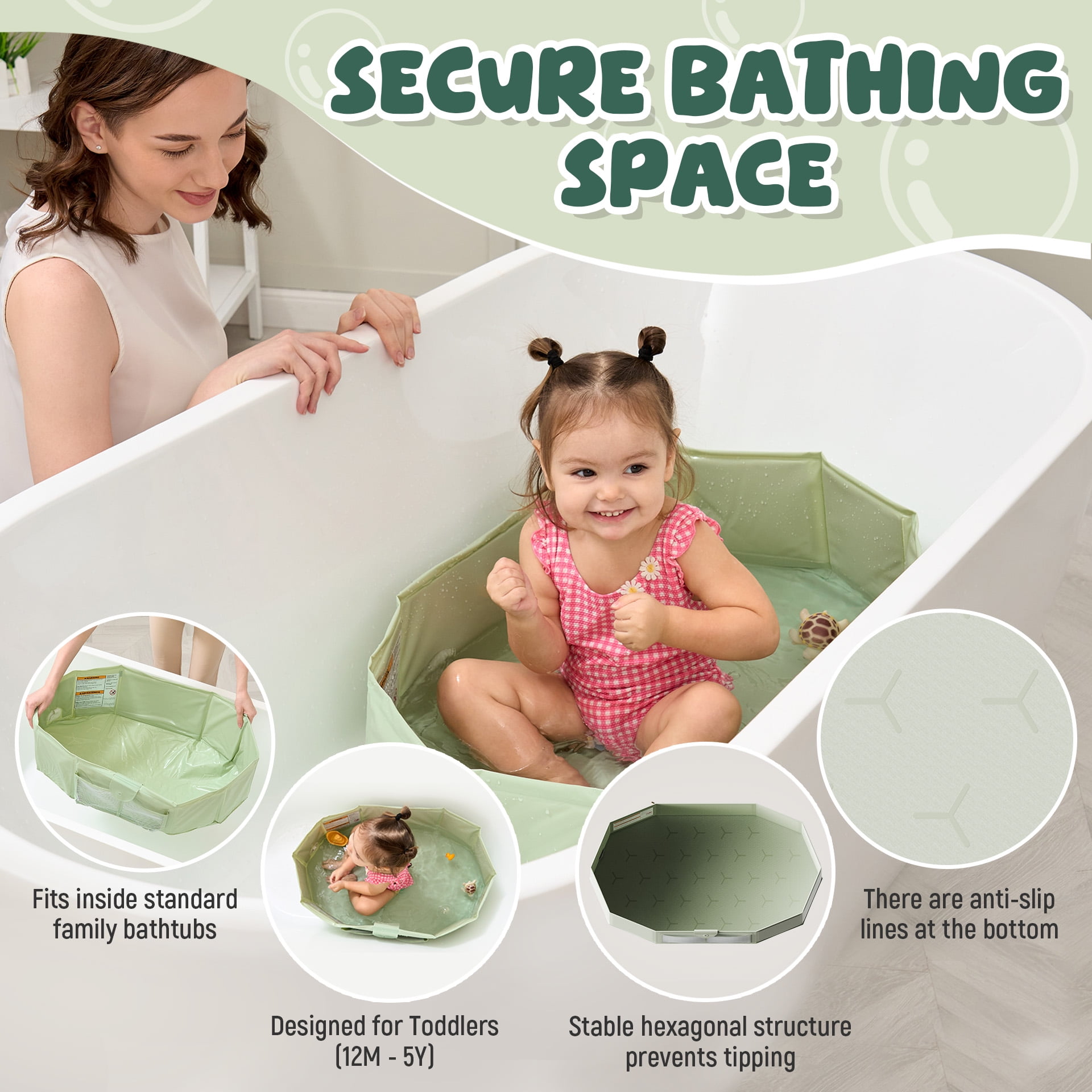 UNCLE WU Foldable Baby Bathtub for Toddlers (12M-5Y) – Portable Travel Bath Tub Converts Shower to Tub – Large Deep Collapsible Basin with Mesh Storage Pockets, Non-Slip & Fast Draining