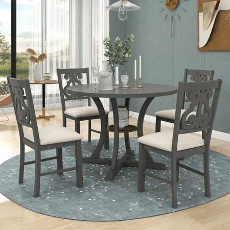 Vintage Round Dining Table and Chairs 5-Piece Kitchen Dining Room Table Set with Middle Open Shelf and Fabric Padded Seat Distressed Finish Standard Height (Gray)