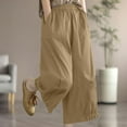 thumbnail image 2 of XPMWRP Womens Cotton Wide Leg Capri Pants Loose Elastic Waist Pants Comfy Lounge Palazzo Capris Cropped Beach Trousers with Pockets Khaki L, 2 of 7