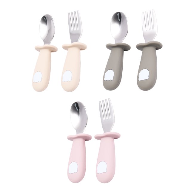 Hukapapa 3 juegos de tenedores y cucharas para niños, juego de tenedores y cucharas de silicona para bebés, vajilla de acero inoxidable