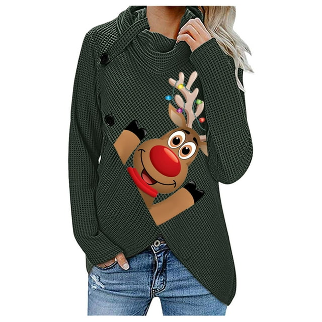 Chandail de Noël pour Femmes à Imprimé Graphique, Chandail en Molleton de Mode à Manches Longues, Blouse à Fermeture, Cardigan d'Hiver à Col Rond, Veste Mi-Longue, Chandail à Capuchon, Vêtement Doux
